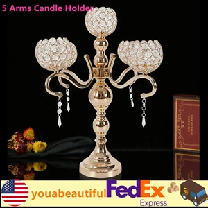Candelabro de cristal dorado de 5 brazos para decoración de mesa de boda centro de mesa - Imagen 1 de 11