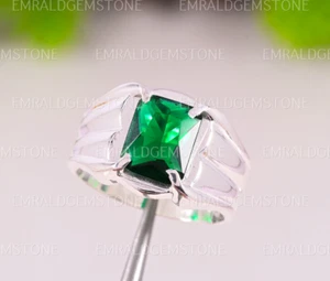 Emerald Octagon Gemstone Mens Ring Solid 925 Sterling-Silver Ring All Size. - Picture 1 of 7