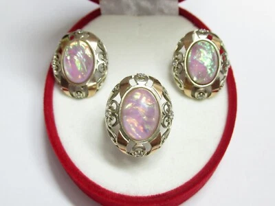 Juego de plata 925, oro 375, circonitas cúbicas, ópalo, 13,14 g, anillo talla 8. Foto 1 de 4