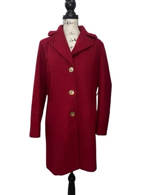 MICHAEL KORS Womens Sz 6 Red Wool Blend Peacoat Lined Gold Buttons Hooded Jacket - Image 1 of 4