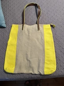 GAP Large Beige Cotton-Jute Textile & Neon Yellow Leather Slouchy Tote Bag - Picture 1 of 5