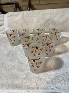 7 Vintage Hall Jewel Tea Autumn Leaf Frosted Libbey 3 3/4 Tall Juice Glasses - Picture 1 of 7