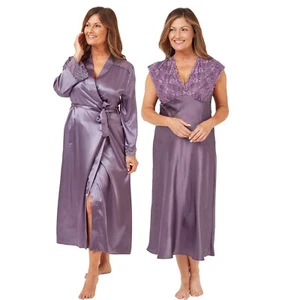 Matching Lilac Silky Satin Lace Full Length Nightdress Nightie Wrap Robe 22 24 - Picture 1 of 1