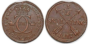 SWEDEN 1/2 SKILLING 1817  KM#590 XF!!! - Imagen 1 de 1