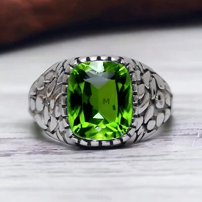 Piedras preciosas de peridoto con anillo de novio de plata de ley 925 para hombre #AL940 Foto 1 de 4