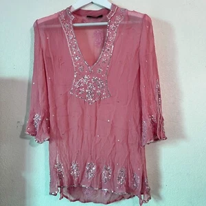 BCBG Max Azria Womens Textured Sheer Pink Embroidered Sequins Tunic Top Small - Picture 1 of 7