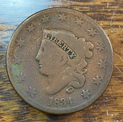1834 Small 8, Large Stars Medium Letters Large Cent Nice Original Good CHRC Cover