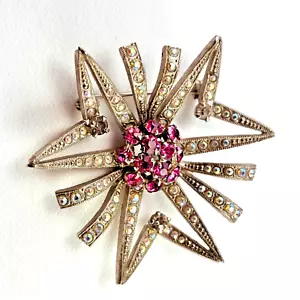 Vintage Germany U.S. Zone Aurora Borealis, Magenta Flower Brooch Pin Silver Tone - Picture 1 of 3