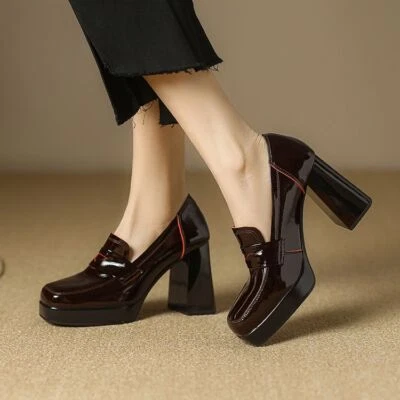 Women's Fashion Patent Square Toe Platform Block Heel Slip On Loafer Shoes SUNS - Image 1 of 4