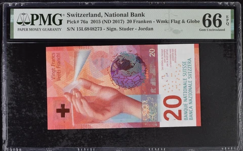 Switzerland 20 Franken 2015 ND 2017 P 76 a Sign Studer Jordan Gem UNC PMG 66 EPQ Cover
