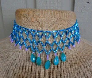 Netted Weave Beaded Adjustable Choker Necklace in Aqua Lavender Robins Egg Blue - Picture 1 of 8