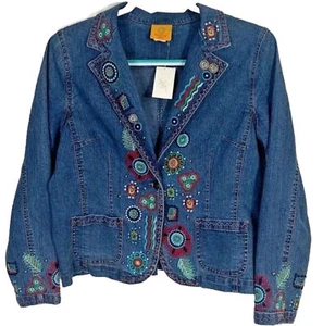 Women Ruby Rd Embroidered Floral boho Blue Denim Jean Jacket Blazer S/M Petite - Picture 1 of 11