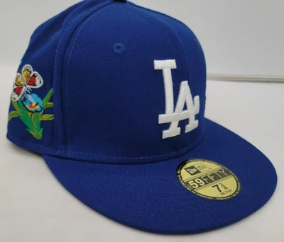 New Era 59FIFTY LA Dodgers x Felt Fitted Hat 7 3/8 Blue Butterfly Floral NEW - Image 1 of 4