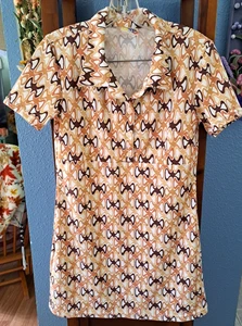 Vintage Spot Brand Damen S Shirt Kleid Midi 70er geometrisches Muster braun weiß - Bild 1 von 7
