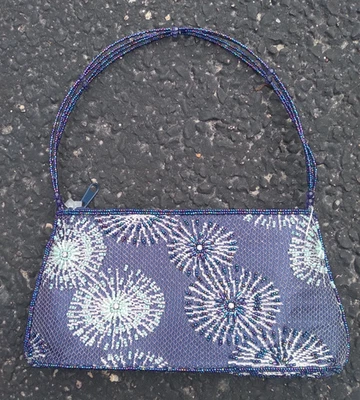 Bolsa bordada vintage cetim com miçangas azul roxa - Imagem 1 de 4