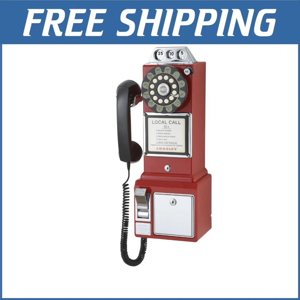 Teléfono público vintage de los años 50 con pulsador y caja de monedas - teléfono rojo montado en la pared Foto 1 de 4