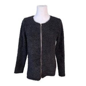 New Directions Petite Black Curly Zip Cardigan Sweater MEDIUM Chunky Knit Furry - Picture 1 of 10