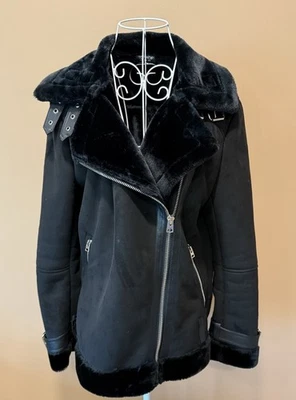 Chaqueta de aviador Topshop para mujer negra imitación gamuza piel sintética moto 8 usada en excelente estado invierno lujo Foto 1 de 4
