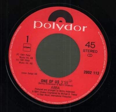 Abba One of Us 7" vinyl Netherlands Polydor 1981 7" 2002113 - Image 1 of 2