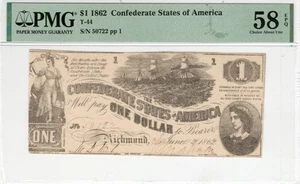 T-44 PF-3 1862 $1 Confederate Paper Money - PMG Choice About Uncirculated 58 EPQ - Picture 1 of 2