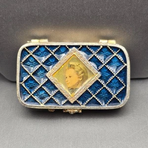 VTG Estee Lauder Pill Box 2.25" Blue Enamel Floral Portrait Signed 1980s Vanity - Picture 1 of 10
