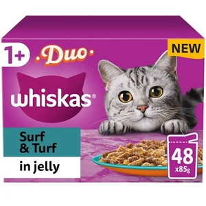 48 x 85g Whiskas 1+ Duo Surf & Turf Mixed Adult Wet Cat Food Pouches in Jelly - Picture 1 of 10