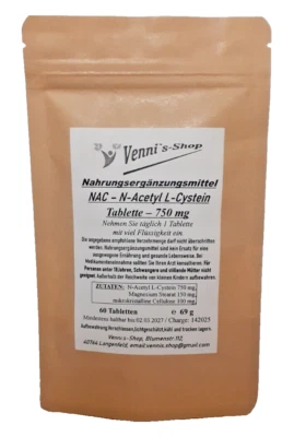 MARKENLOS N-Acetyl-L-Cystein 750 mg| 60 NAC Tabletten für Immunsystem / Leber| vennis-shop