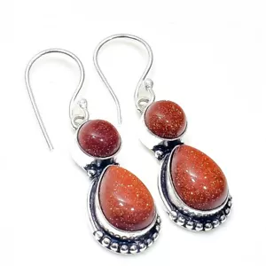 Piedra preciosa de piedra de sol roja hecha a mano 925 pendiente de joyería d... - Imagen 1 de 1