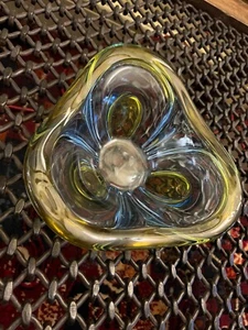 Vintage 1970’s Murano Glass Large Bowl Heavy Sculpted Yellow Blue Clear - Picture 1 of 7