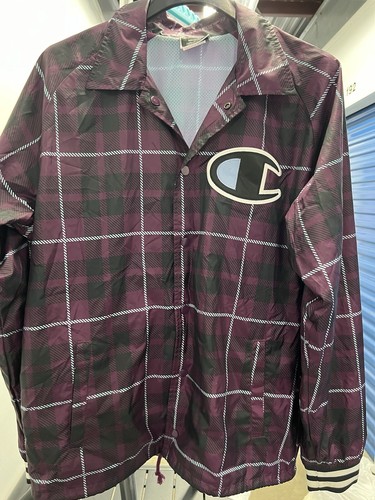 Champion Life Giacca Coach Uomo Raso Plaid Viola Bottone a Scatto Impermeabile M