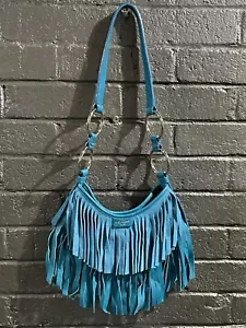 YVES SAINT LAURENT Rive Gauche Turquoise Aniline Leather Suede Fringe Handbag - Picture 1 of 6