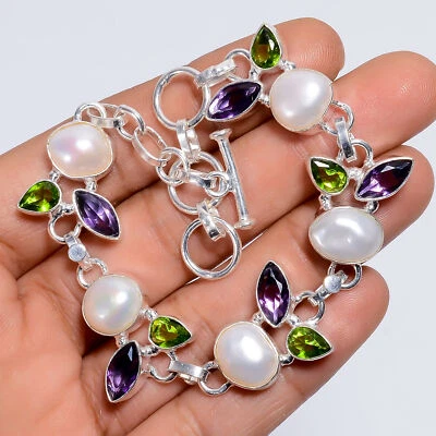 Pulsera hecha a mano de plata 925 con piedras preciosas de amatista de perlas Biwa naturales 6-8" ARB-1141 Foto 1 de 3