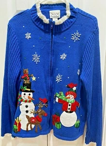 Carly St. Clair notso Ugly cute Christmas sweater - zipper, blue, beaded- Large - Picture 1 of 6