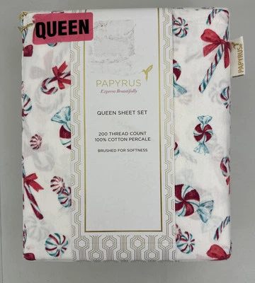 Papyrus Queen Sheet Set Christmas Peppermint Candy 100% Percale Cotton Soft New - Image 1 of 4