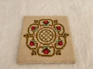 Vintage Cross Stitch Completed Square Piece From Trivet Flowers Floral - Picture 1 of 3