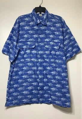 Orvis Shirt Mens XL  Blue Marlin Fish Print Button Up Short Sleeve Cotton - Image 1 of 4