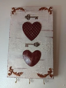 Wood Key Holder. Crackle Paint on Wood with Resin Hearts & Metal Keys. Handmade. - Picture 1 of 6