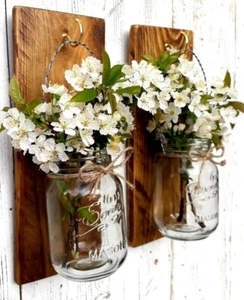 WOODEN WALL MOUNTED FLOWER JAR 2 GLASS MASON CANDLE HOLDERS LANTERN RUSTIC WOOD - Picture 1 of 24