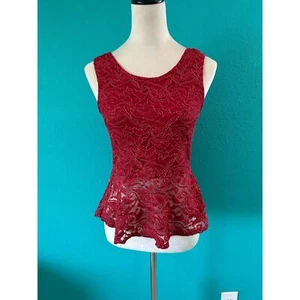 Ambiance Apparel Red Lace Scoop Bow Back Sleeveless Peplum Blouse Size L - Picture 1 of 4