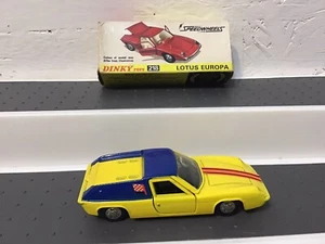 Dinky Toys Lotus Europa car #218 yellow blue roof speedwheels Boxed - Picture 1 of 18