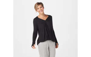 AnyBody Hacci V-Neck Pullover Top Black XXS A367687 QVC - Imagen 1 de 6