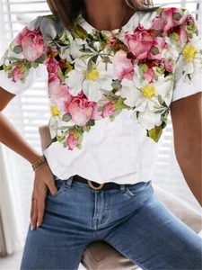 Women Summer Floral Print Loose T-Shirt Top Casual Short Sleeve Tunic Blouse Tee - Picture 1 of 11