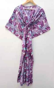 Women Cotton Purple Summer Sleepwear Beach Cover Leaf Print Long Caftan Dress - Picture 1 of 5