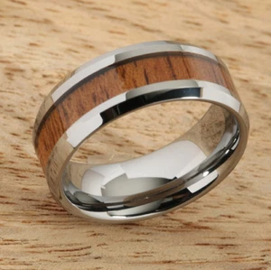 Tungsten Inlaid Koa Wood Comfort Fit Wedding Ring 8mm - Picture 1 of 3
