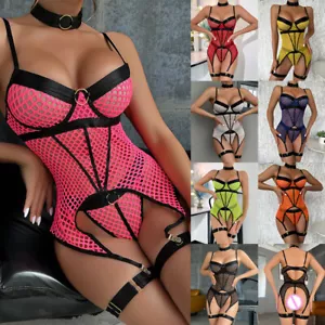 SEXY Womens Fishnet Lingerie Set Underwear Nightwear Tops Thong Body Suspender - Picture 1 of 43