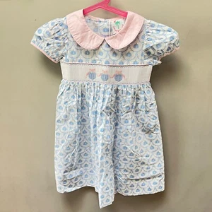 NEW Shrimp & Grits Kids Smocked Dress Blue Pumpkins Peter Pan Collar Size 6 - Picture 1 of 8