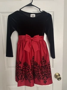 Rare Editions Girl’s Size 7 Black Red Flocked Long Sleeve Velvet Party Dress - Picture 1 of 6