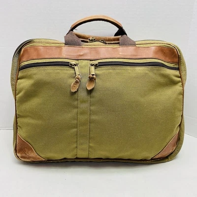 LL Bean Vintage Beige Canvas Brown Leather Trim Messenger Briefcase Laptop Bag - Image 1 of 4