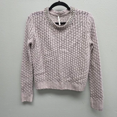 Willow & Clay Sweater Womens XS Mauve Beaded Collar Open Knit Jeweled WS3775CAT - Image 1 of 4