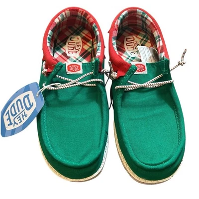 Hey Dude Wally Y Holiday Elf Navidad Zapatos Mocasines Verde/Rojo Talla J5 Big Kid 5 Foto 1 de 4